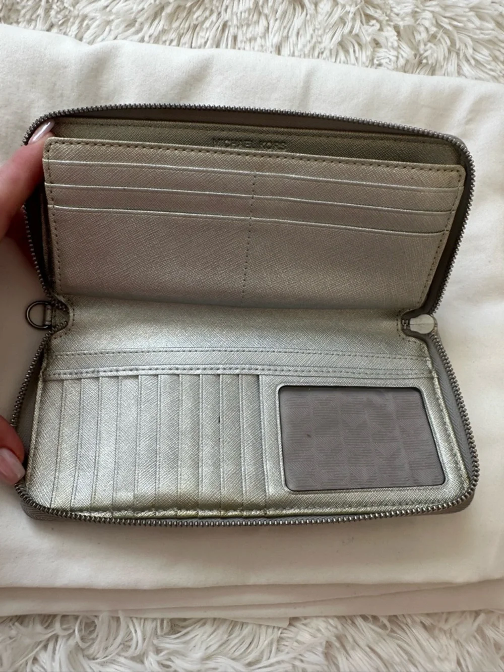MICHAEL KORS Silver Metallic Saffiano Leather Zip Around Continental Wallet